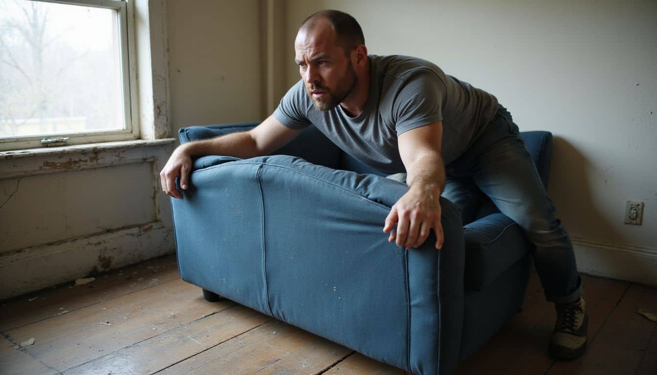 A man struggles to move a heavy couch in a neglected room. A man struggles to move a heavy couch in a neglected room.