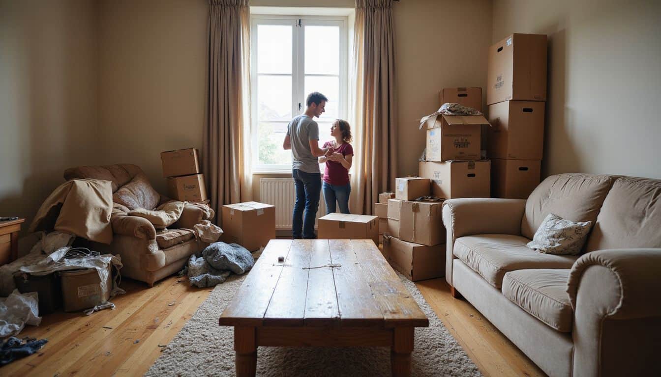 A cluttered living room mid-move with frustrated adults and damaged furniture. A cluttered living room mid-move with frustrated adults and damaged furniture.