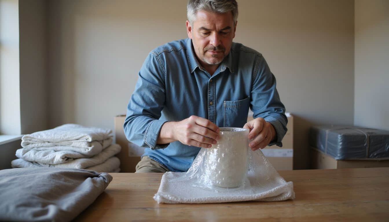 A middle-aged man carefully wraps a delicate glass vase for moving. A middle-aged man carefully wraps a delicate glass vase for moving.