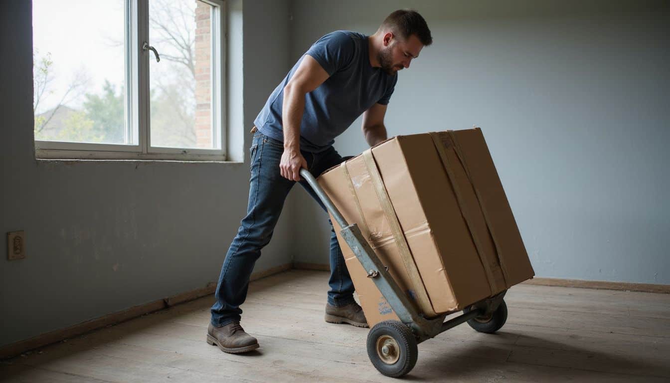 A professional mover carefully transports a heavy box using a dolly in a storage area. A professional mover carefully transports a heavy box using a dolly in a storage area.