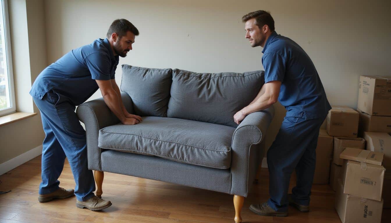 Two movers in blue uniforms lift a worn gray couch in a cluttered living room. Two movers in blue uniforms lift a worn gray couch in a cluttered living room.
