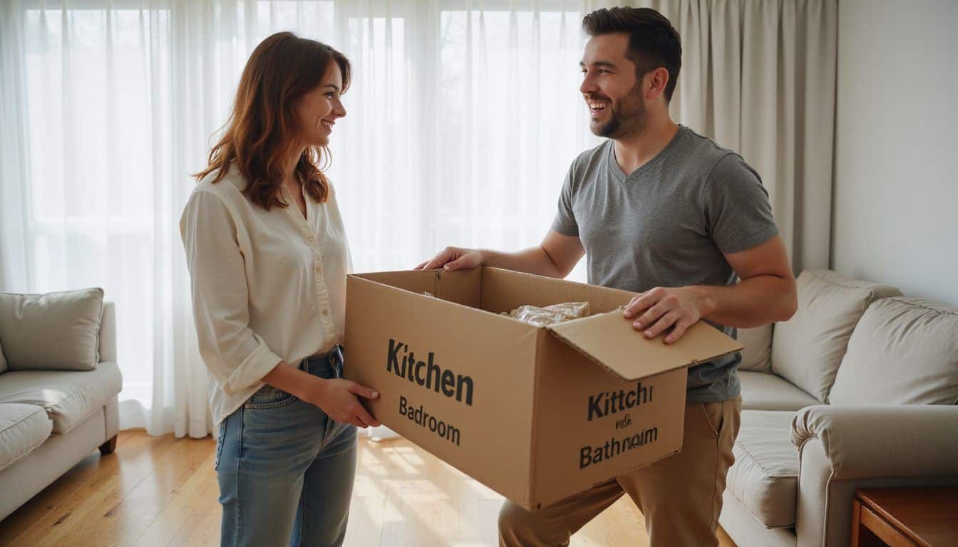 A couple in their 30s unpacking moving boxes in a sunlit living room, showcasing a cozy, intimate domestic scene. A couple in their 30s unpacking moving boxes in a sunlit living room, showcasing a cozy, intimate domestic scene.