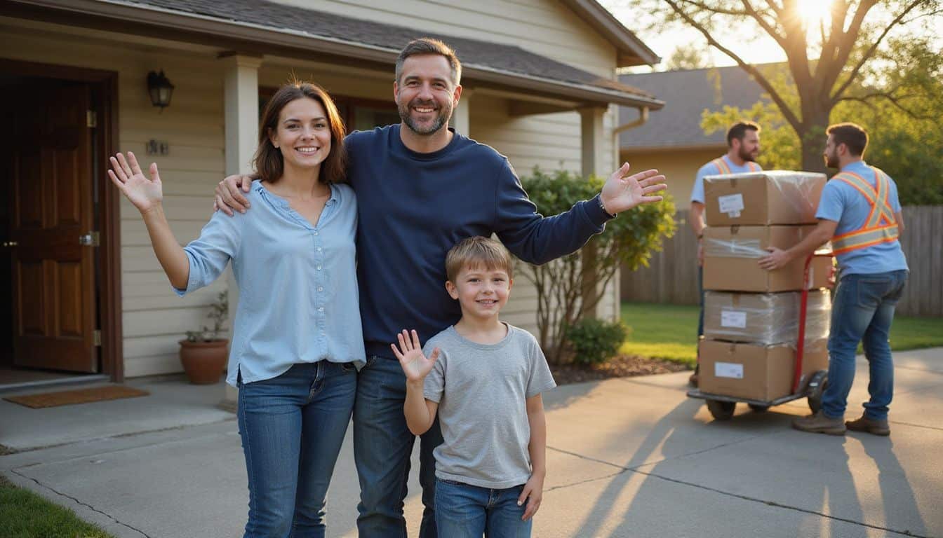 A family of four stands in front of their packed home, waving goodbye with bittersweet smiles. A family of four stands in front of their packed home, waving goodbye with bittersweet smiles.
