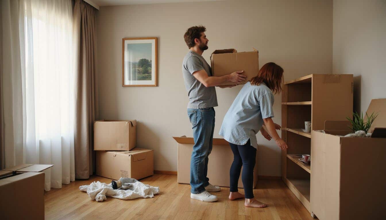 A couple in their 30s packing and assembling furniture in a cluttered living room. A couple in their 30s packing and assembling furniture in a cluttered living room.