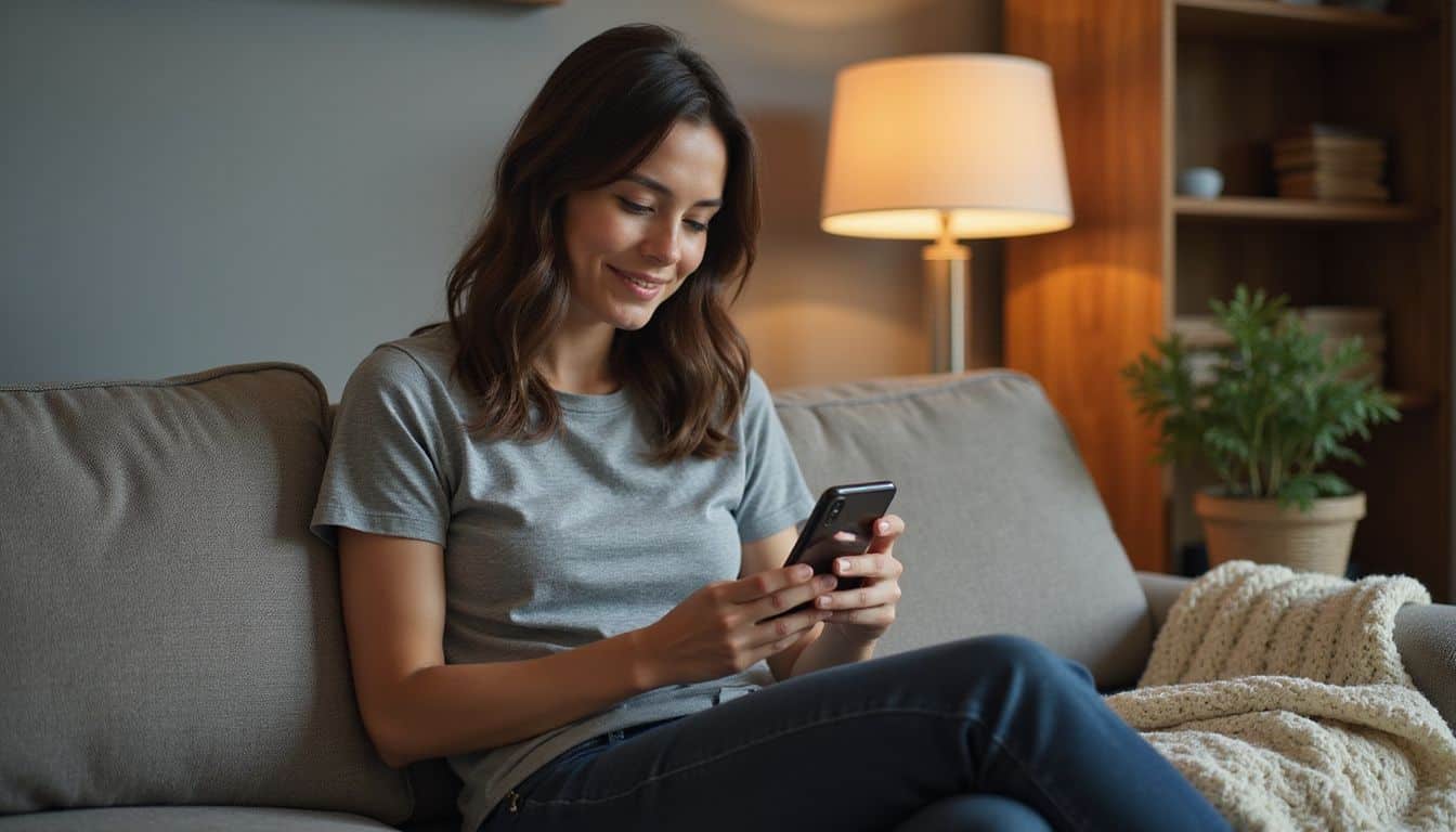 A young woman sits comfortably on a plush sofa, smiling while using a smartphone in a cozy, well-decorated living room. A young woman sits comfortably on a plush sofa, smiling while using a smartphone in a cozy, well-decorated living room.
