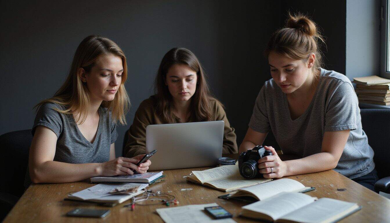 Three women working closely together at a cluttered wooden desk with tech gear and papers. Three women working closely together at a cluttered wooden desk with tech gear and papers.
