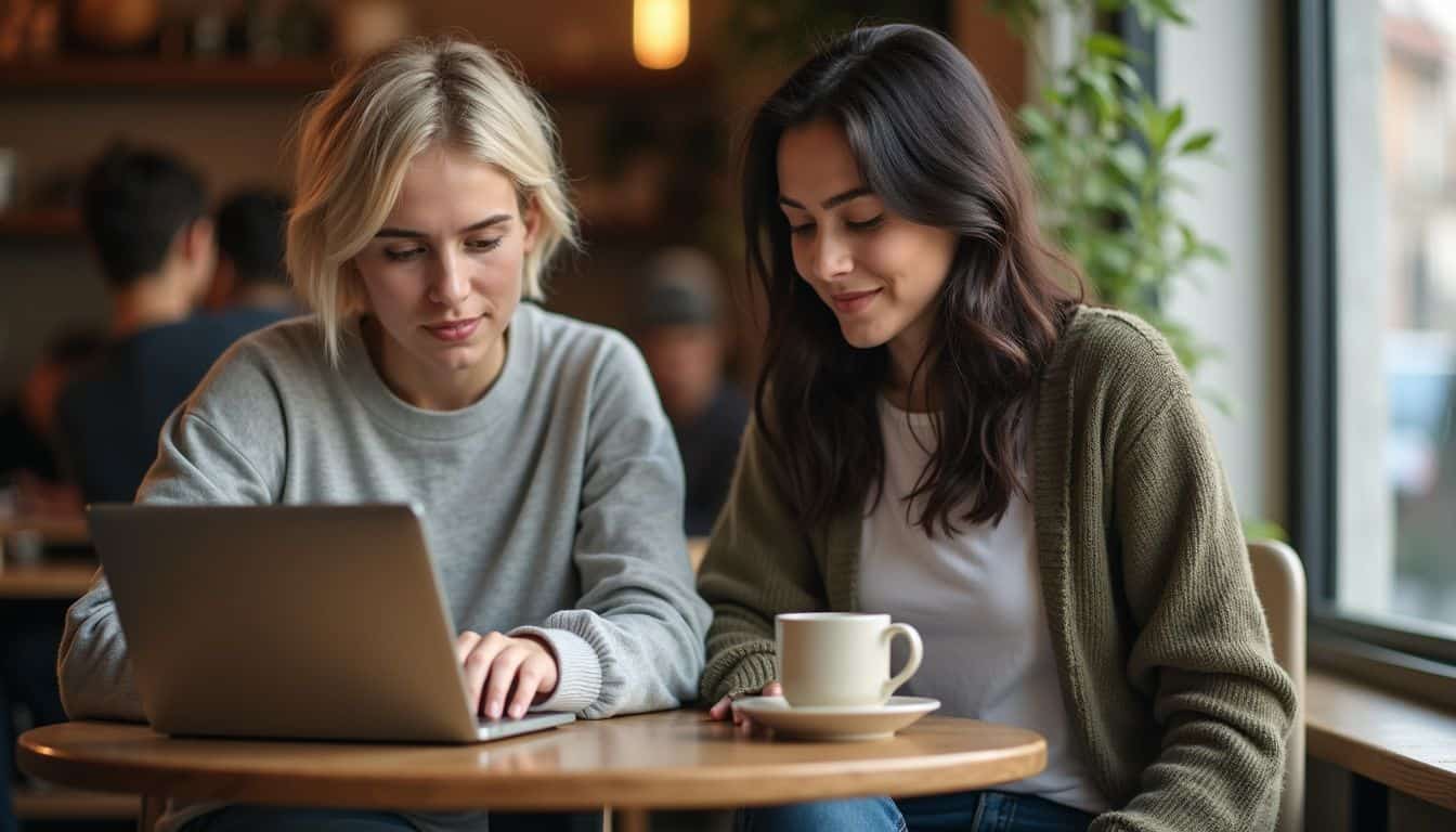Two women working on laptops in a cozy coffee shop. Two women working on laptops in a cozy coffee shop.