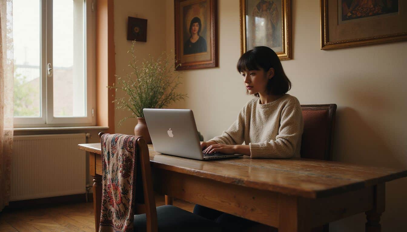 A laptop displaying an OnlyFans profile is placed on a wooden table in a cozy Ukrainian apartment with cultural decorations. A laptop displaying an OnlyFans profile is placed on a wooden table in a cozy Ukrainian apartment with cultural decorations.