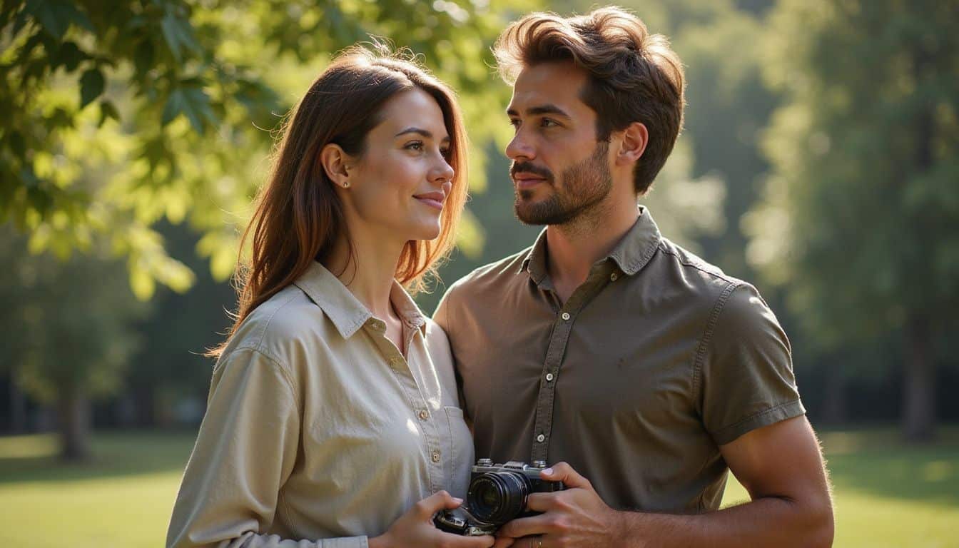 A man and woman in their late 20s stand in a park, capturing candid moments for their online content. A man and woman in their late 20s stand in a park, capturing candid moments for their online content.