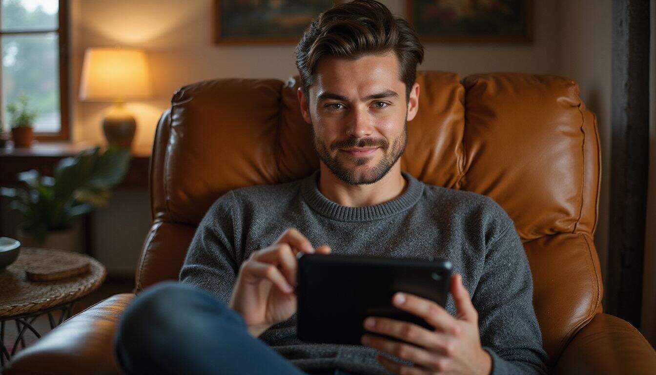 A person sits comfortably in a warmly lit living room, engrossed in a tablet. A person sits comfortably in a warmly lit living room, engrossed in a tablet.