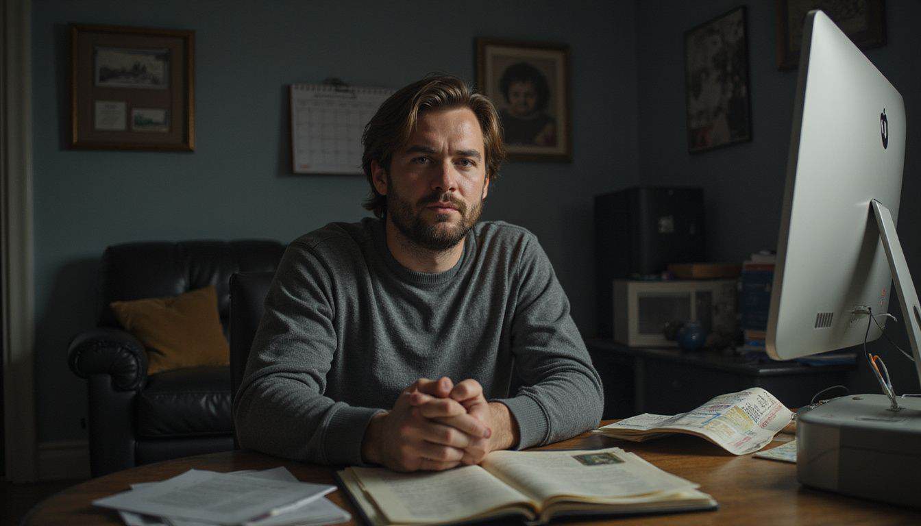 A man sits alone in a cluttered room, looking weary and stressed. A man sits alone in a cluttered room, looking weary and stressed.