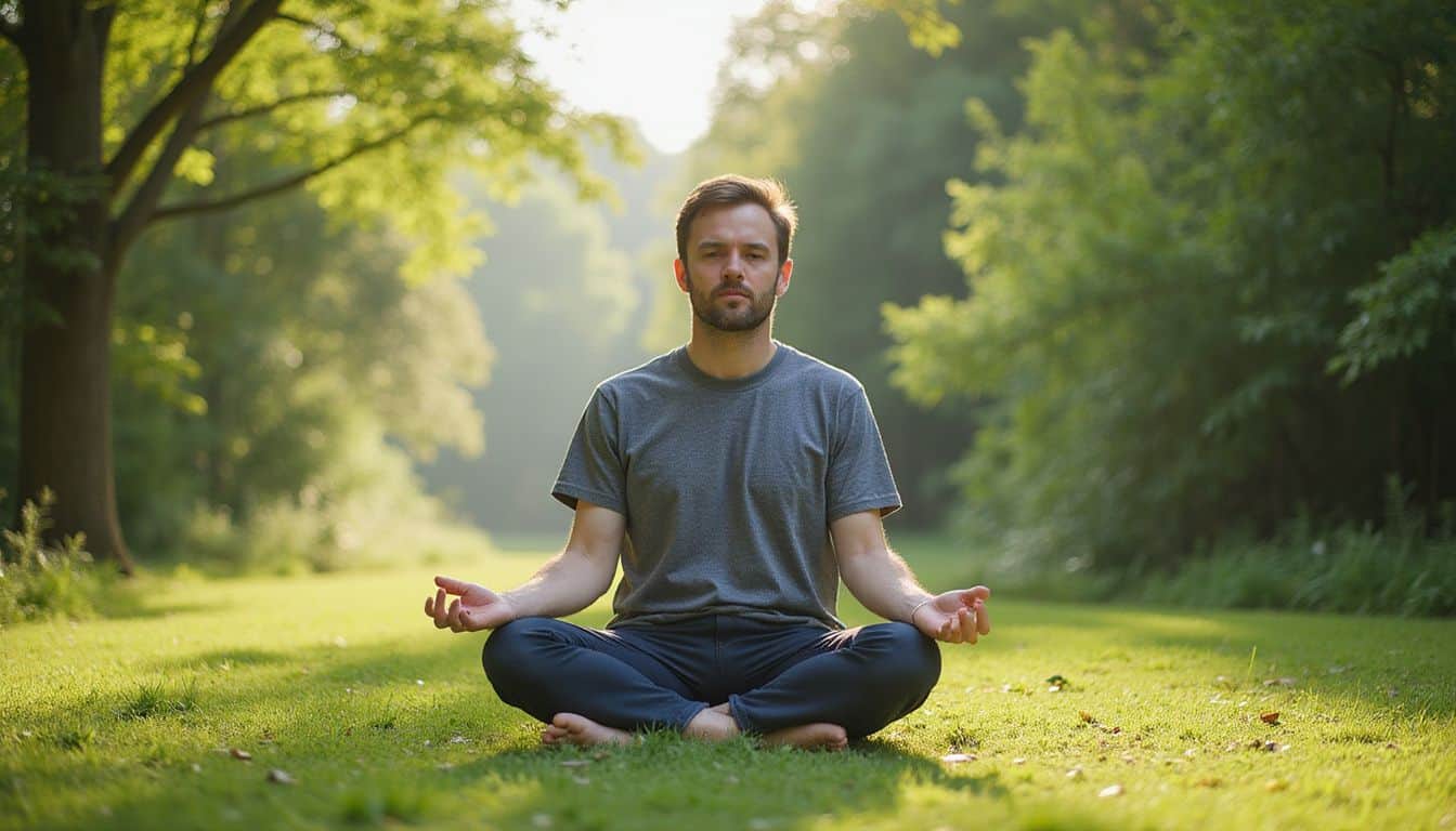 A man practices mindfulness meditation in a peaceful outdoor setting. A man practices mindfulness meditation in a peaceful outdoor setting.