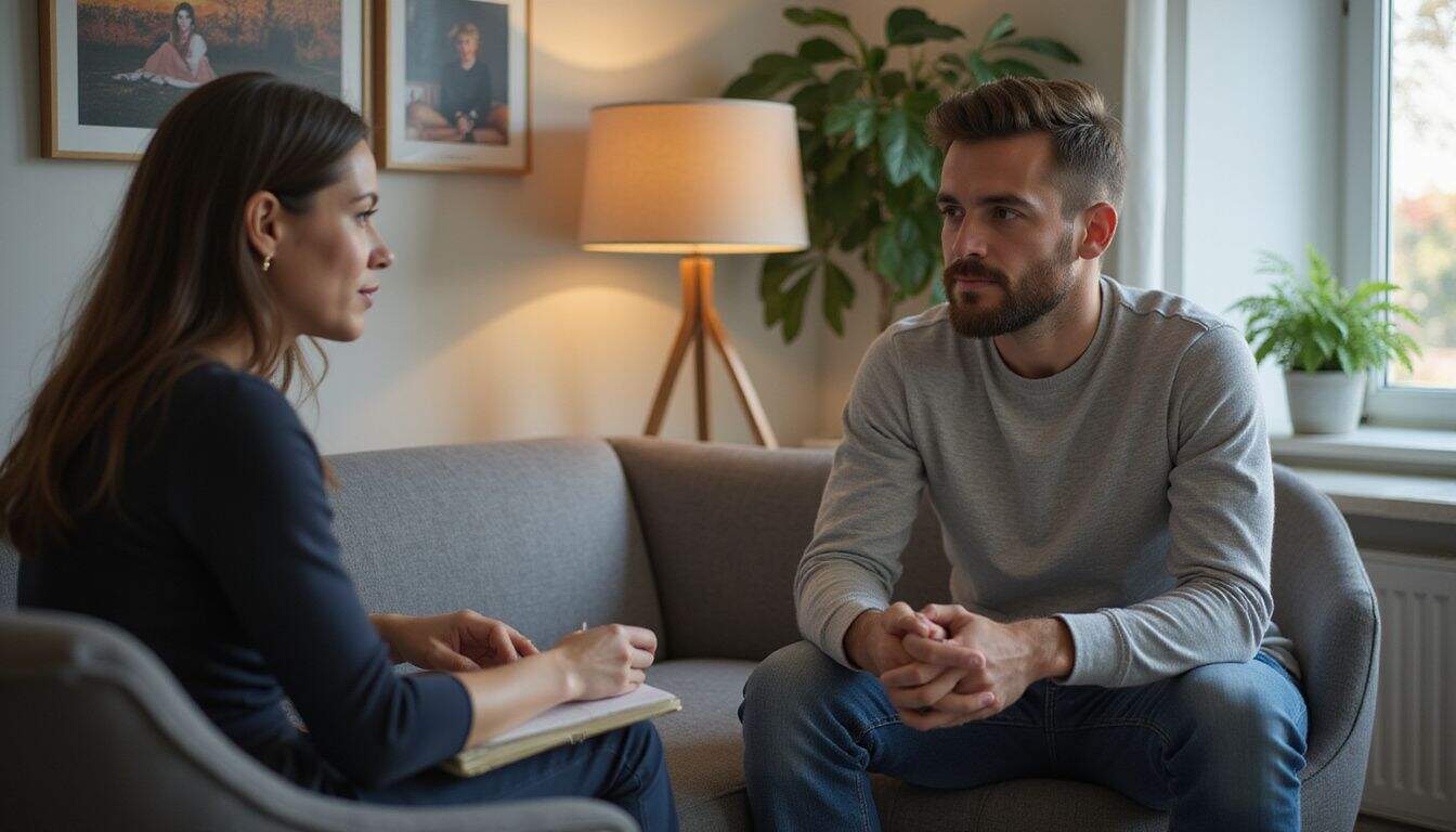 A man sits on a therapist's couch, sharing his thoughts with a supportive and attentive woman. A man sits on a therapist's couch, sharing his thoughts with a supportive and attentive woman.