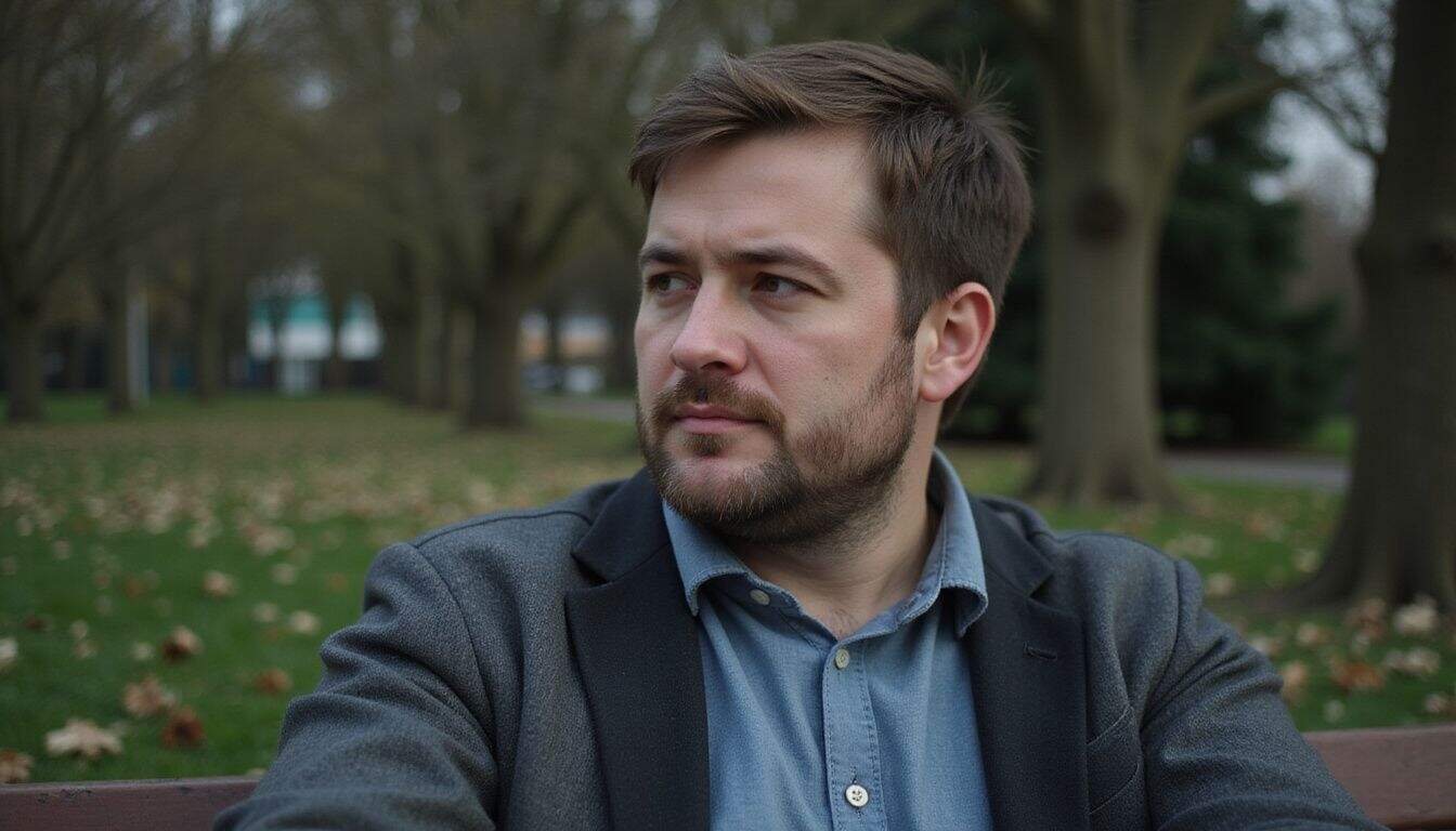 A man in his late 30s sits on a park bench with a neutral expression. A man in his late 30s sits on a park bench with a neutral expression.