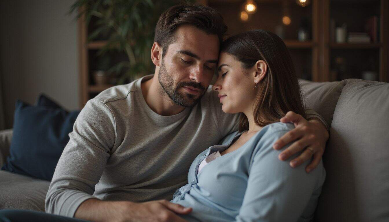 A man provides comfort to his partner in a cozy living room setting. A man provides comfort to his partner in a cozy living room setting.