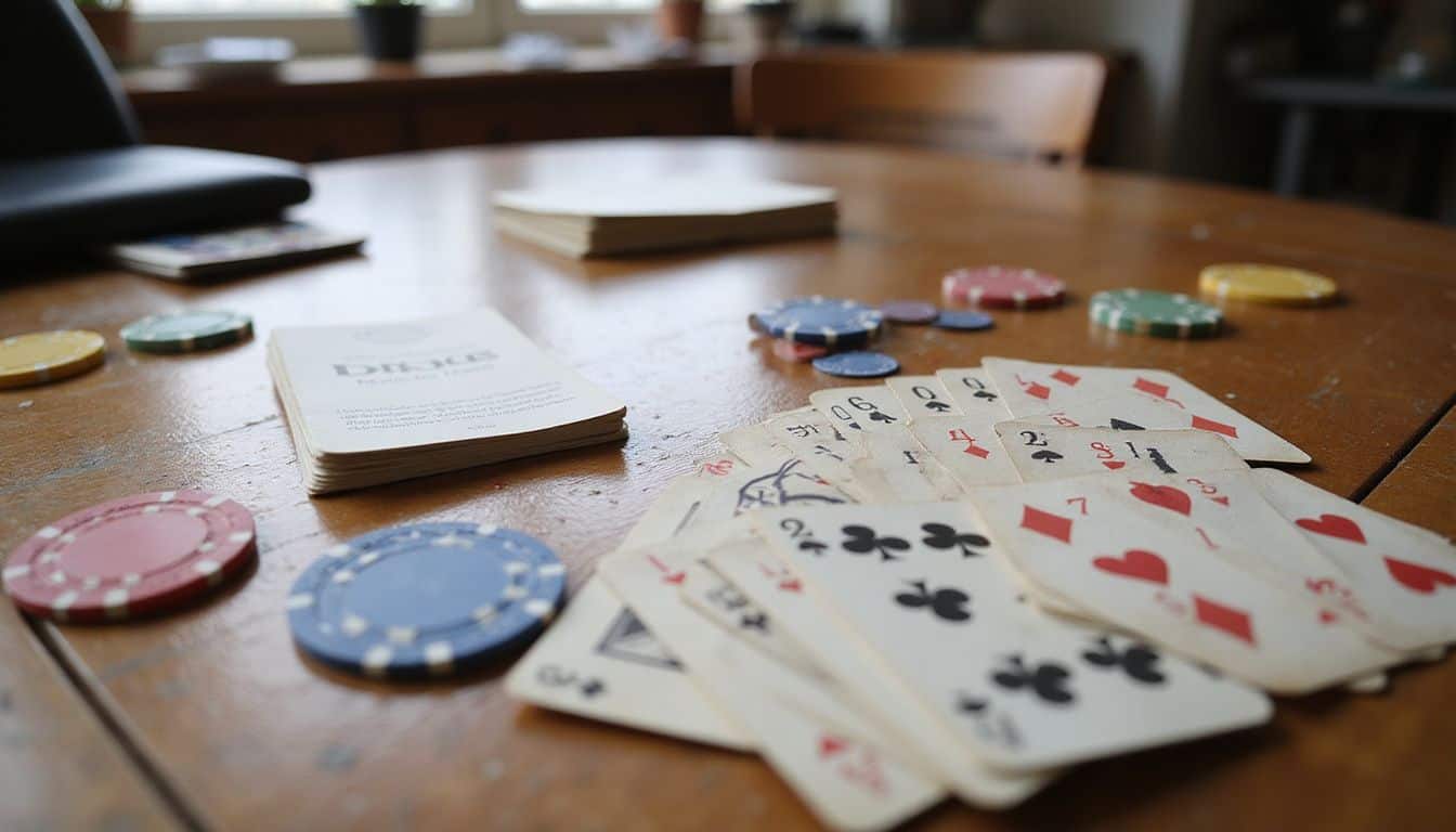 A well-worn deck of cards, poker chips, and game rulebook laid out on a wooden table. A well-worn deck of cards, poker chips, and game rulebook laid out on a wooden table.