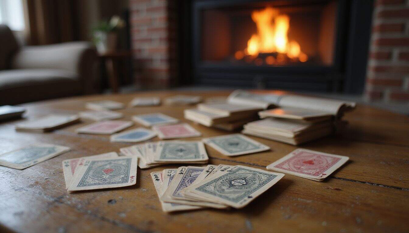 A deck of worn playing cards scattered on a wooden table in a cozy living room with a crackling fireplace. A deck of worn playing cards scattered on a wooden table in a cozy living room with a crackling fireplace.