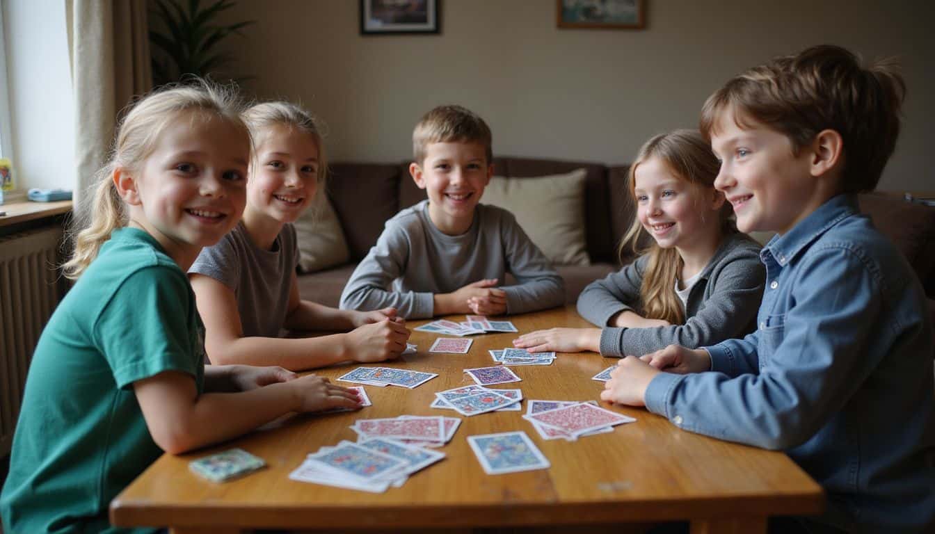 A group of children are playing card games in a cozy living room setting. A group of children are playing card games in a cozy living room setting.
