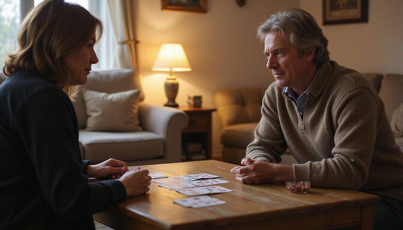 A middle-aged couple playing a casual game of cards in a cozy living room. A middle-aged couple playing a casual game of cards in a cozy living room.