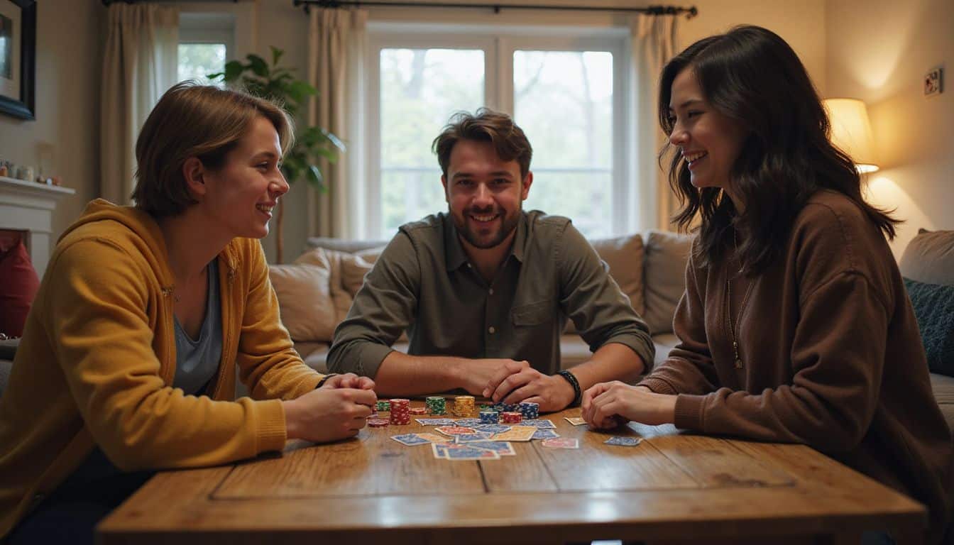 Three friends playing a card game in a cozy living room setting. Three friends playing a card game in a cozy living room setting.