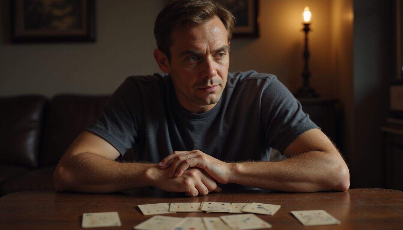 A man in his 40s playing Gin Rummy in a dimly lit room. A man in his 40s playing Gin Rummy in a dimly lit room.