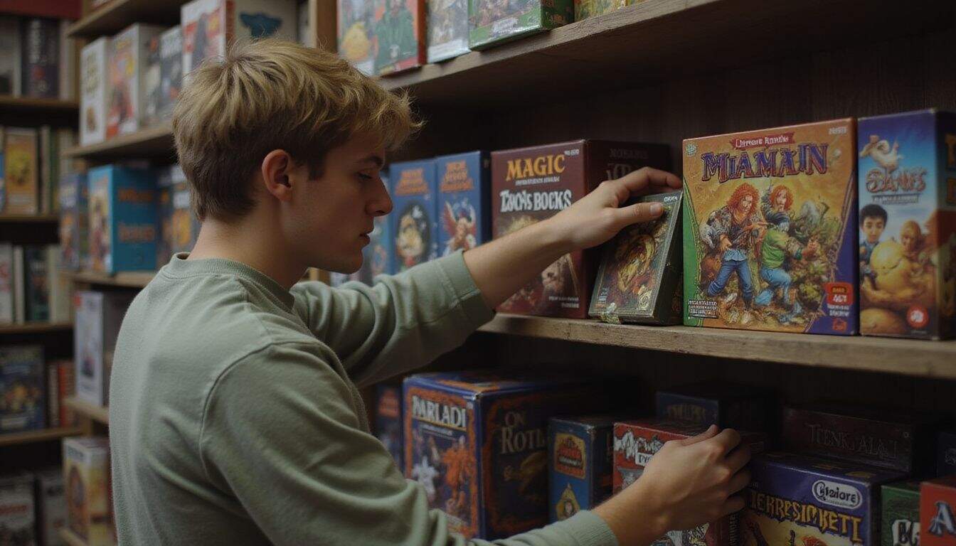 A young man in his twenties browsing card games at a local game store. A young man in his twenties browsing card games at a local game store.