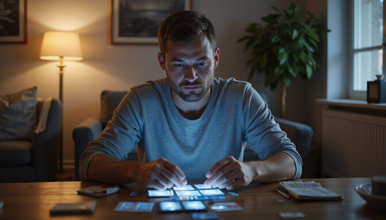 A man in his mid-30s is playing a hybrid card game in a modern living room. A man in his mid-30s is playing a hybrid card game in a modern living room.