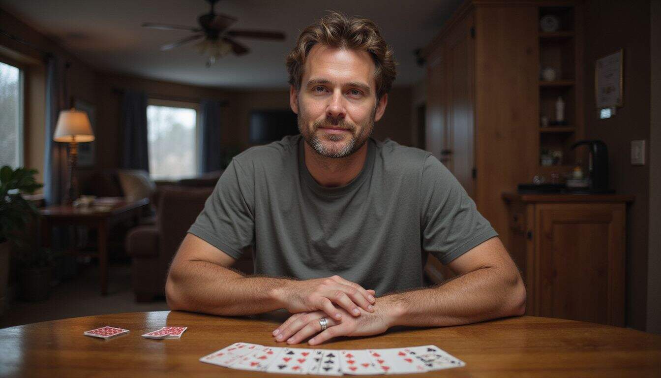 A man in comfortable clothing sits at a table in a cozy living room, playing solitaire. A man in comfortable clothing sits at a table in a cozy living room, playing solitaire.