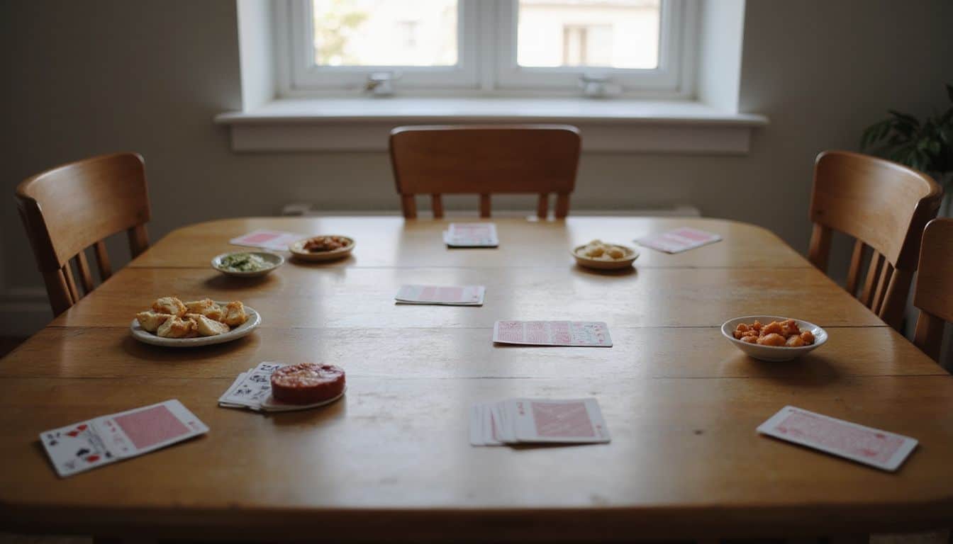 A table set for game night with cards and snacks, ready for friends to join. A table set for game night with cards and snacks, ready for friends to join.