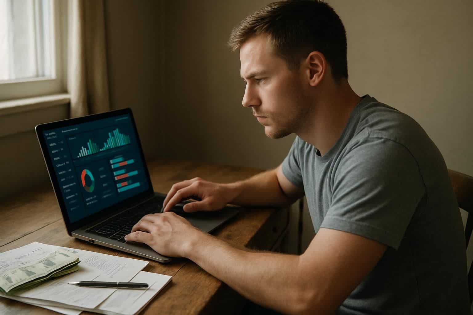 A focused man works on finances at a cluttered desk in a home office. A focused man works on finances at a cluttered desk in a home office.