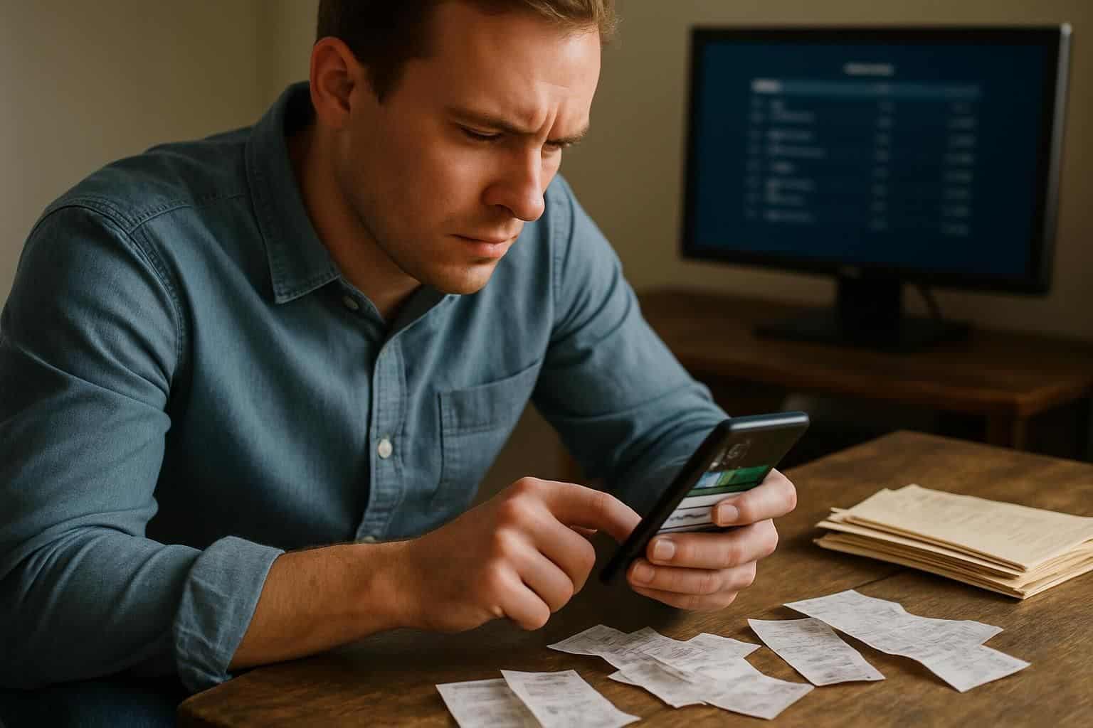 A man sits at a table, frustrated while managing bills on his smartphone. A man sits at a table, frustrated while managing bills on his smartphone.