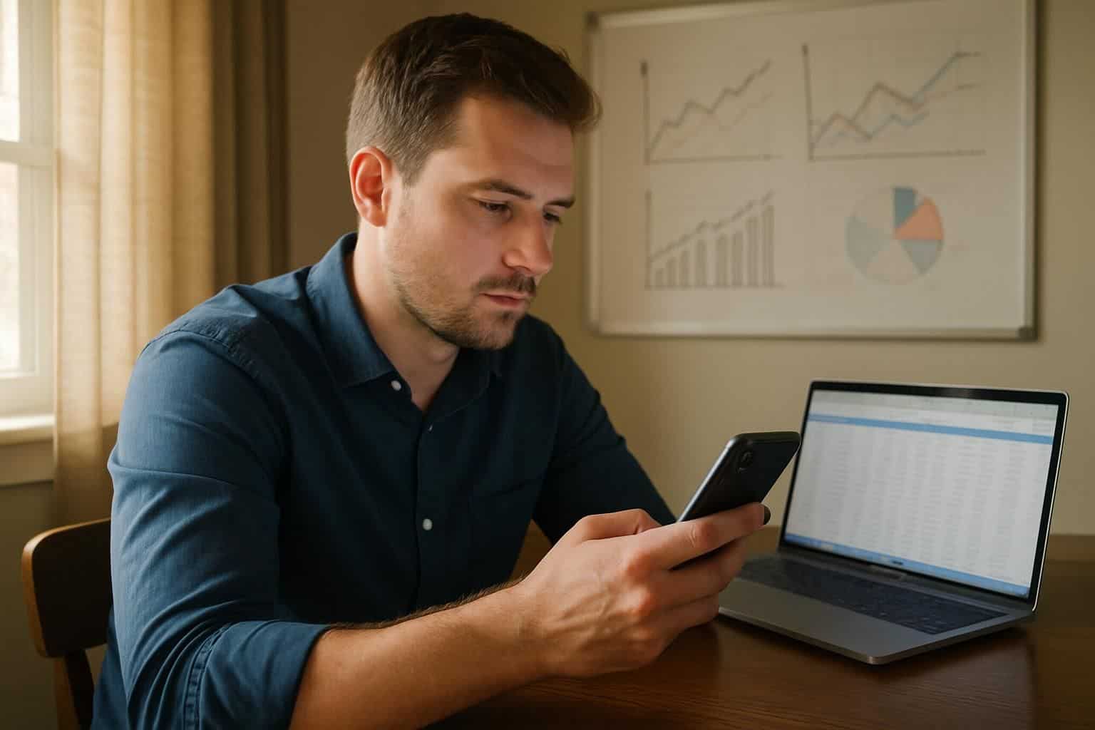 A focused man in his 30s sits at a tidy desk, working on a smartphone and laptop. A focused man in his 30s sits at a tidy desk, working on a smartphone and laptop.