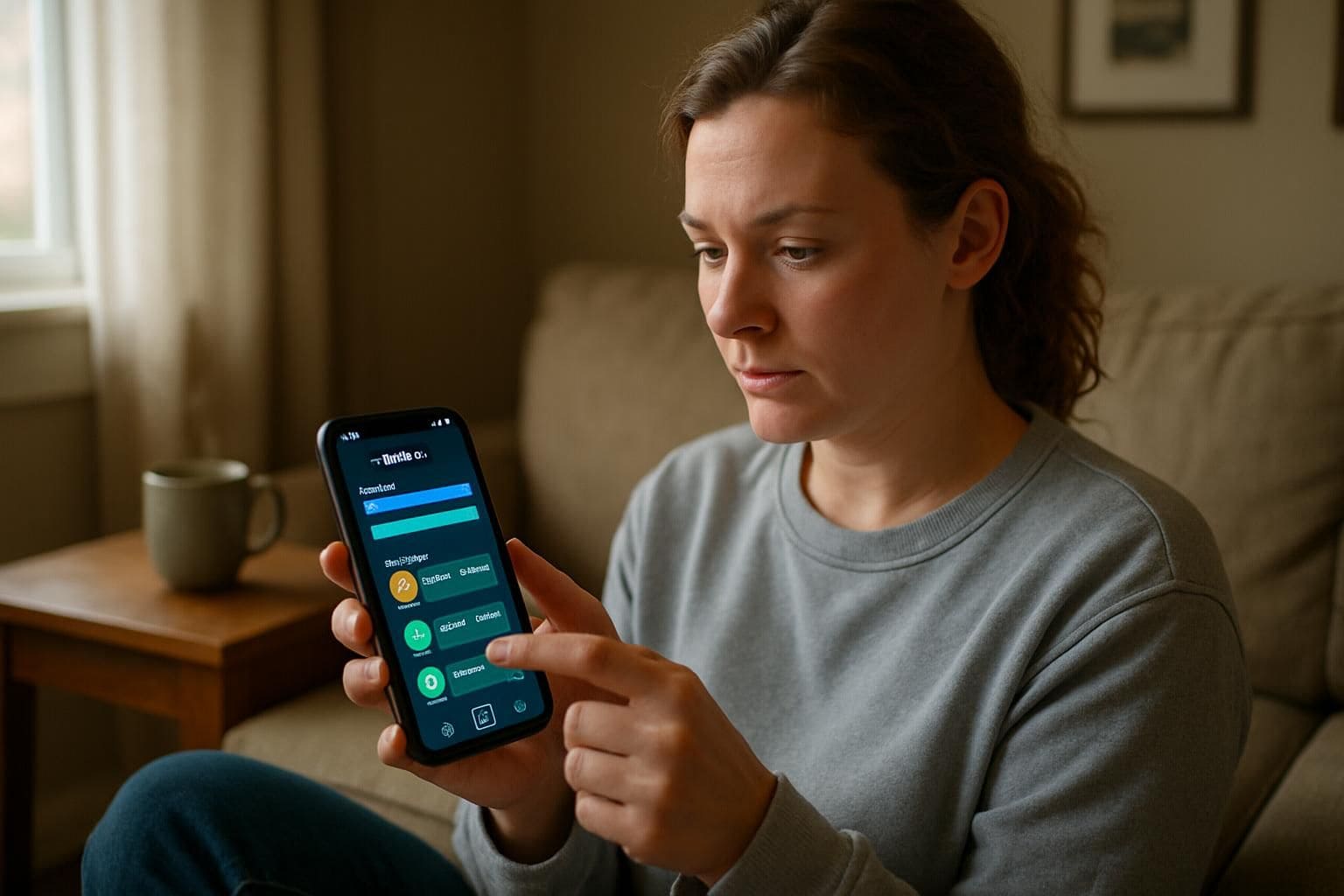 A woman in her 30s sits on a cozy sofa, focused on using a smartphone app. A woman in her 30s sits on a cozy sofa, focused on using a smartphone app.