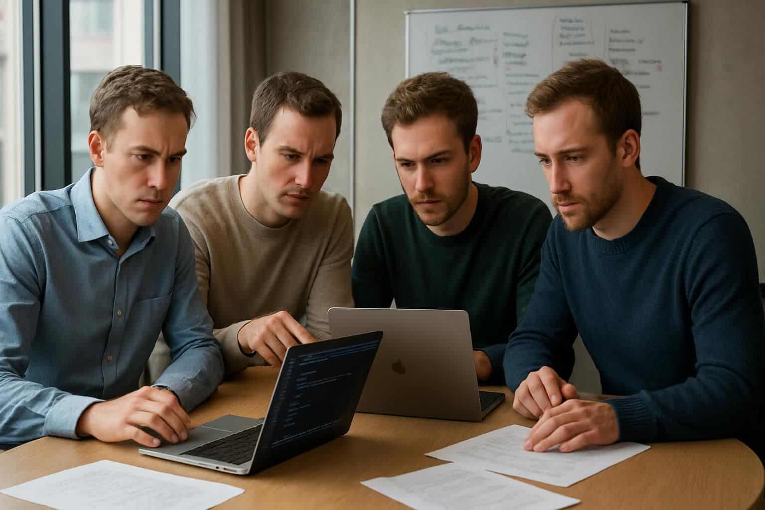 Four young men collaborate in a modern office on a financial app project. Four young men collaborate in a modern office on a financial app project.