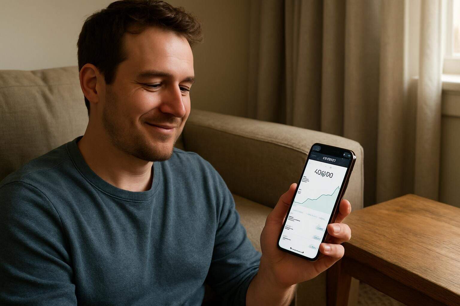 A man in his 30s sitting on a beige sofa, smiling while looking at a budgeting app on his smartphone. A man in his 30s sitting on a beige sofa, smiling while looking at a budgeting app on his smartphone.