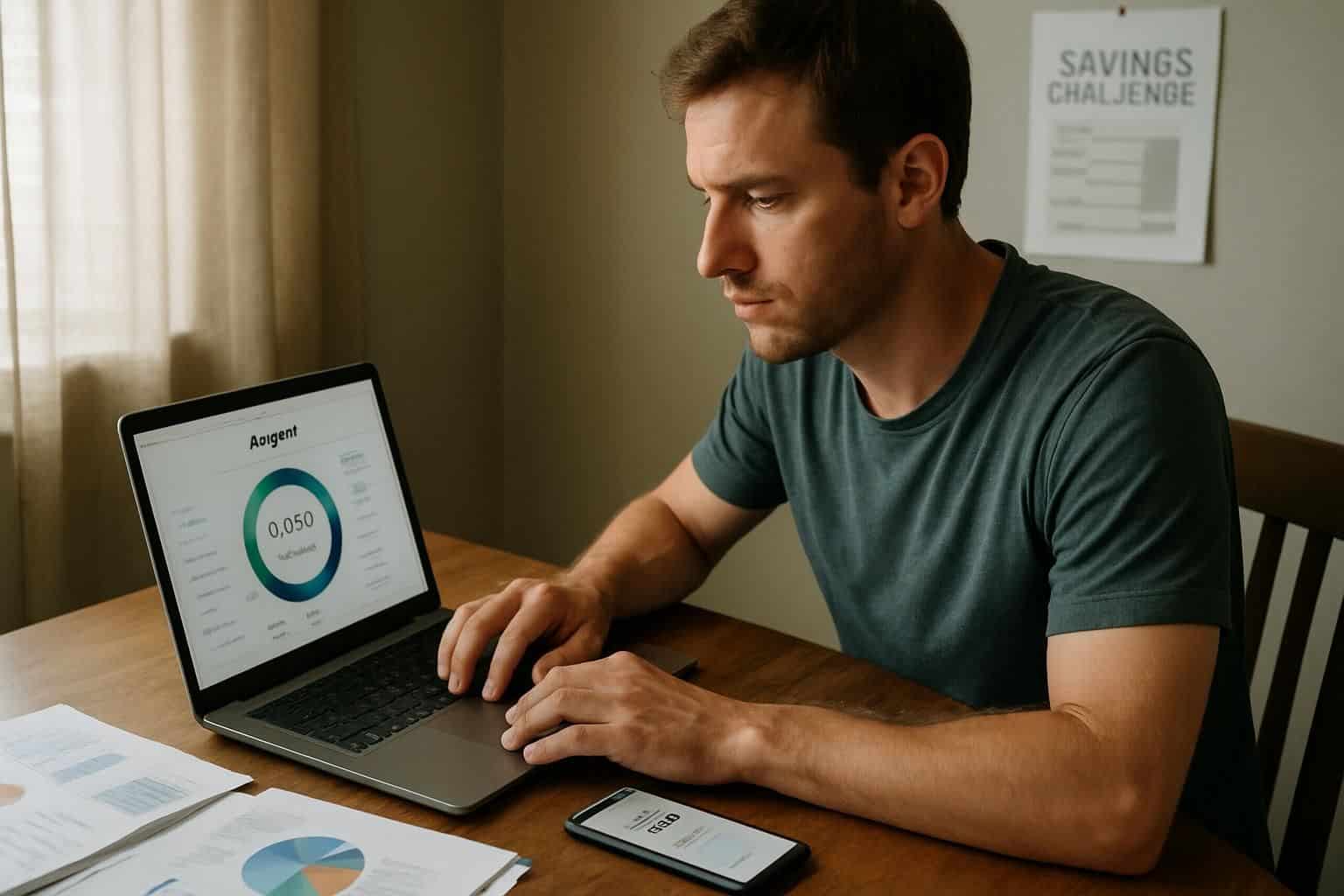A man in his 30s sits at a wooden desk, intensely studying financial planning books and using a laptop and smartphone. A man in his 30s sits at a wooden desk, intensely studying financial planning books and using a laptop and smartphone.