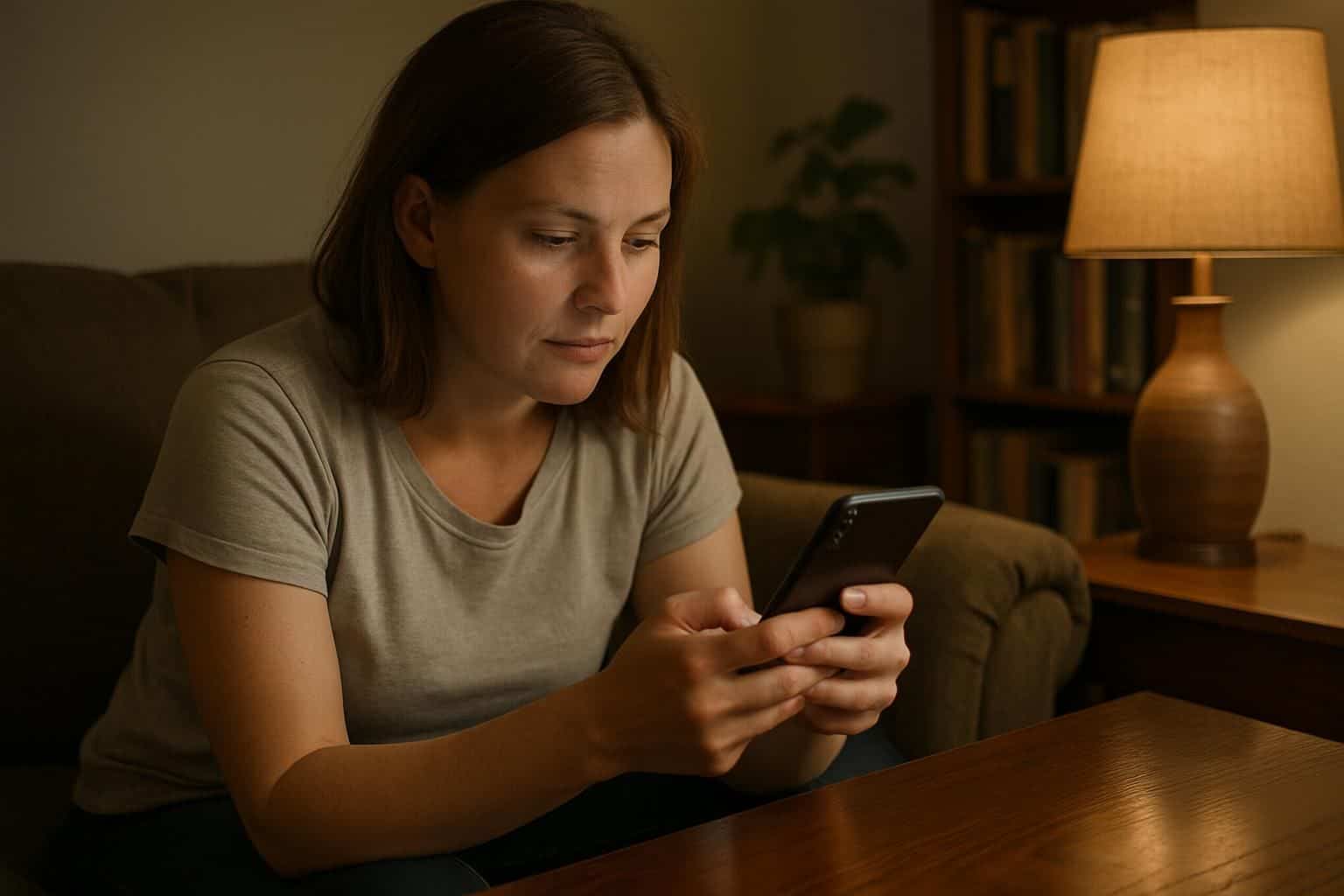 A woman in her 30s sits on a worn couch, focused on her smartphone in a cozy living room. A woman in her 30s sits on a worn couch, focused on her smartphone in a cozy living room.
