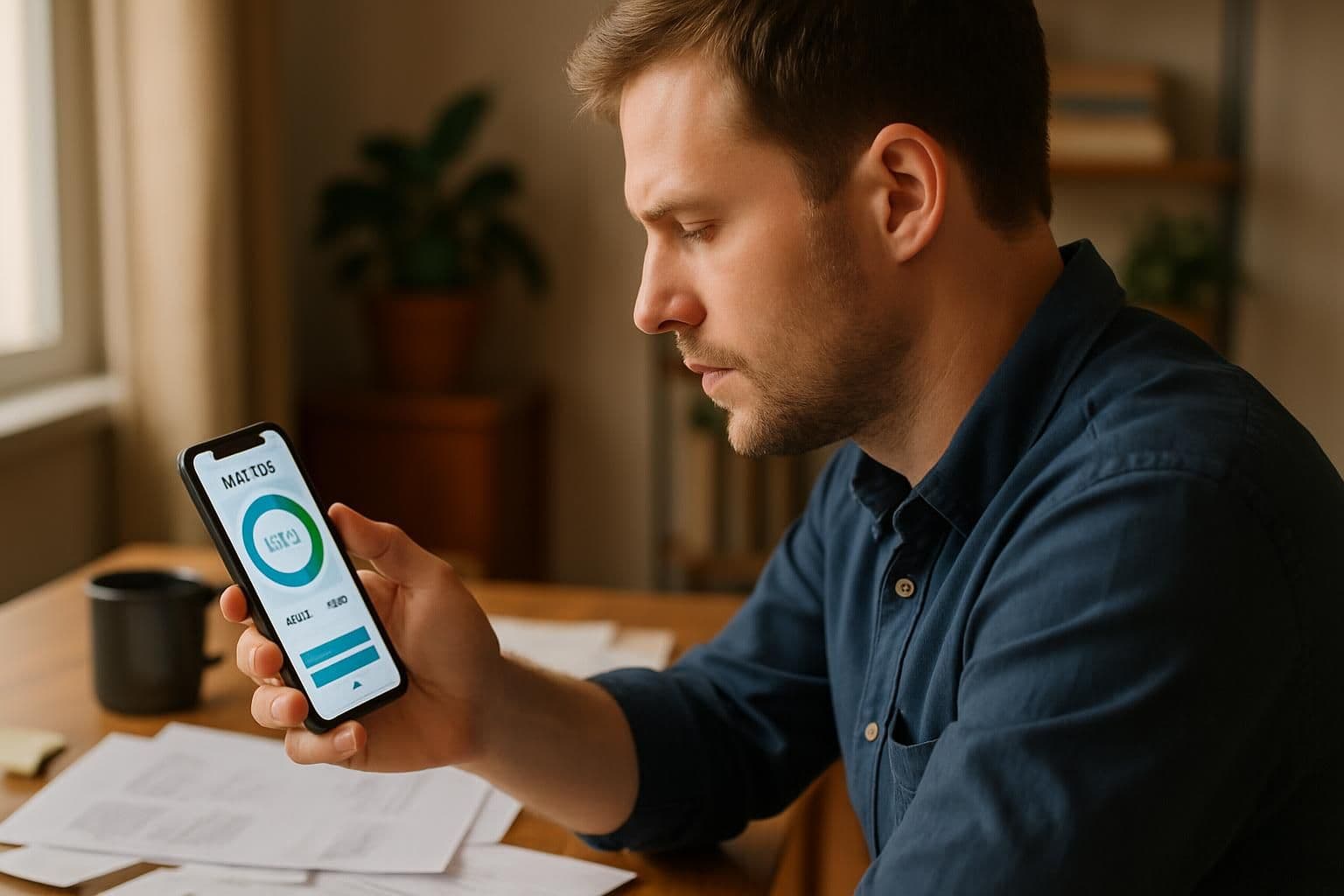 A man using a budgeting app on his smartphone at a cluttered wooden desk in an office setting.
