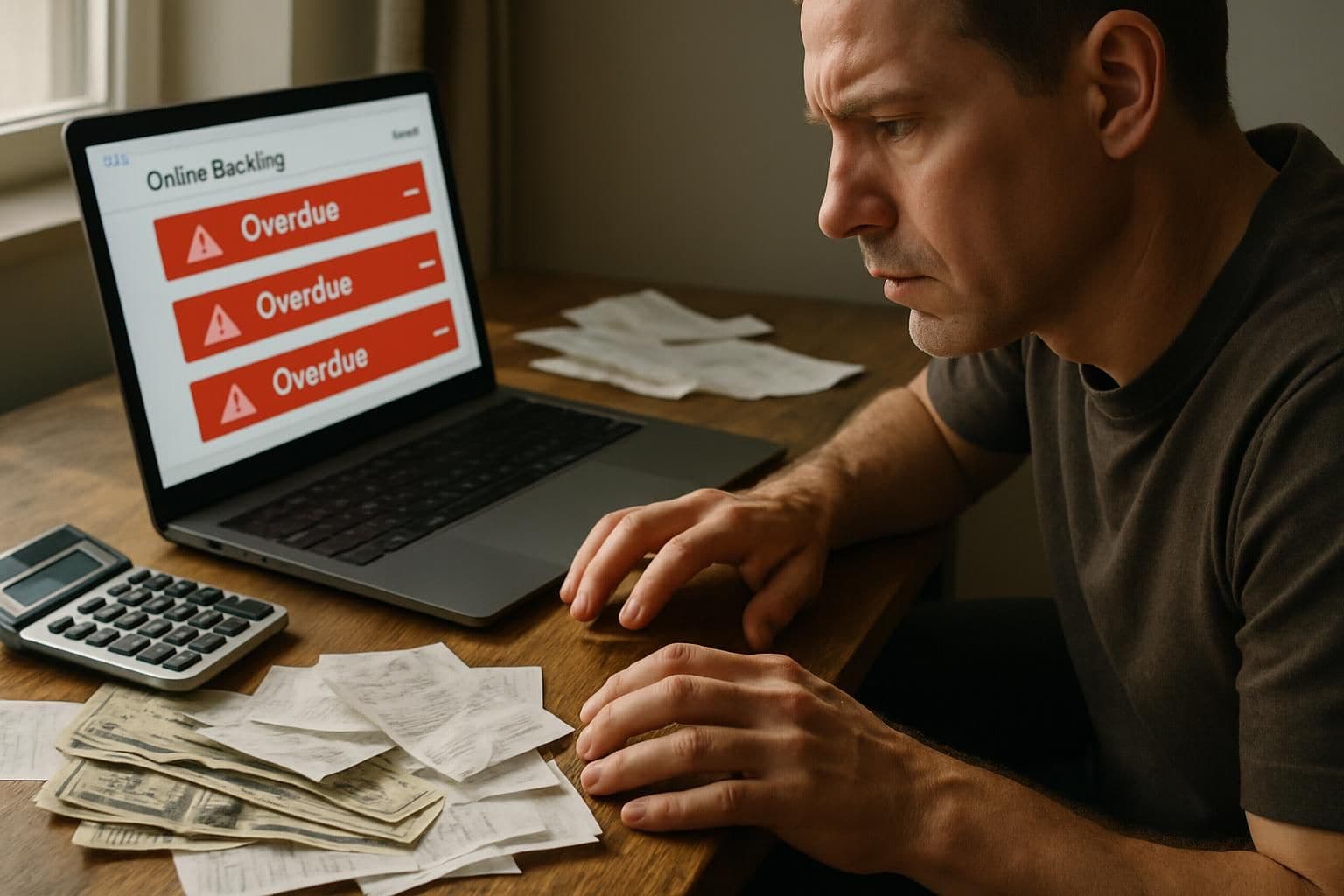 A cluttered desk with bills, receipts, and a laptop showing overdue payment alerts, with a person looking worried while typing. A cluttered desk with bills, receipts, and a laptop showing overdue payment alerts, with a person looking worried while typing.