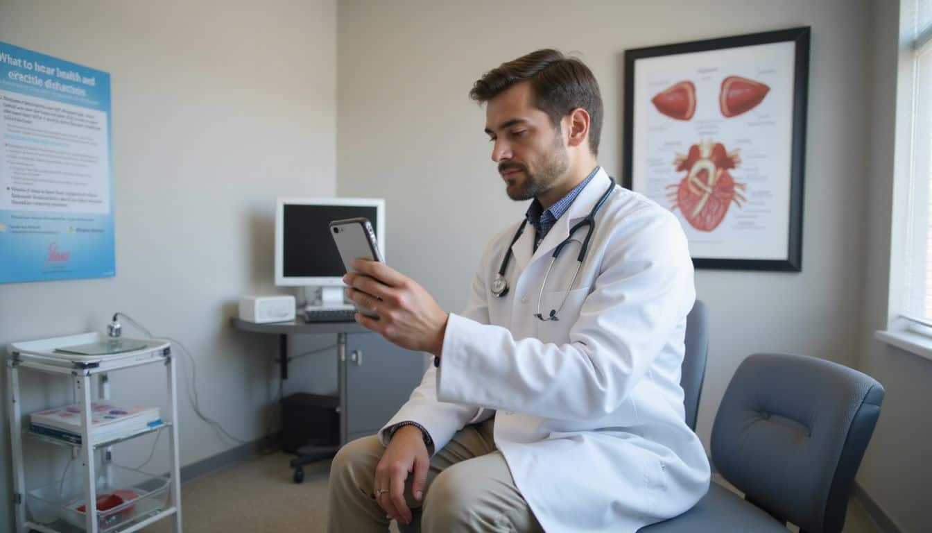 A doctor's office with medical equipment and heart health educational posters. A doctor's office with medical equipment and heart health educational posters.