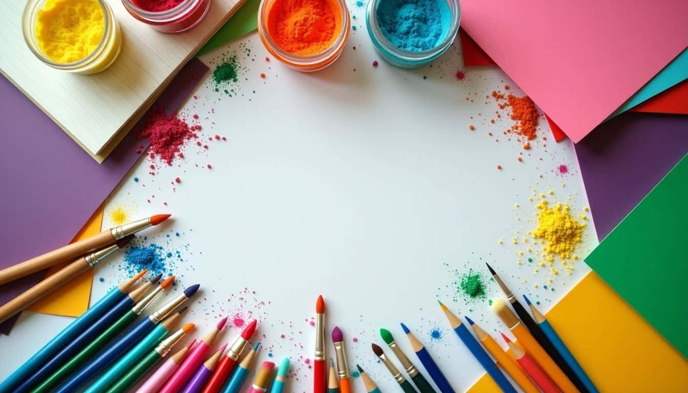 The image shows a colorful and cluttered crafting space with various materials for creative projects. The image shows a colorful and cluttered crafting space with various materials for creative projects.