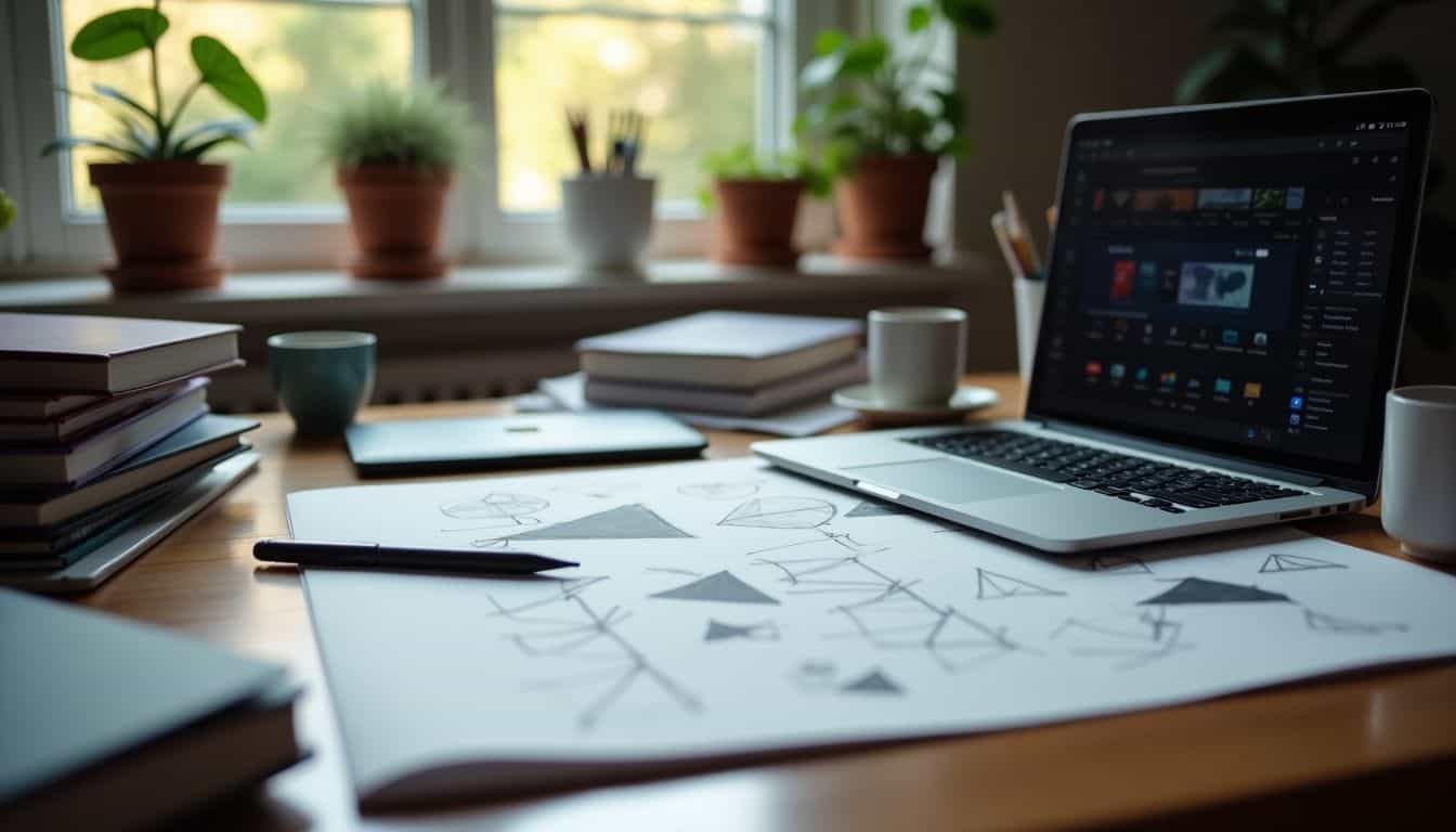 A cluttered desk with a laptop, graphics tablet, sketches, and design books in a cozy, creative workspace. A cluttered desk with a laptop, graphics tablet, sketches, and design books in a cozy, creative workspace.
