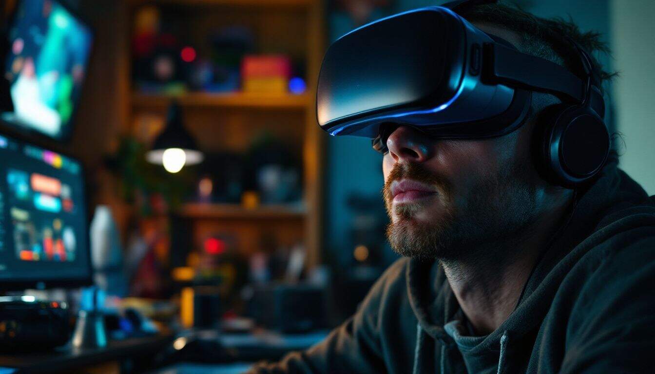 A man in his 30s wearing a virtual reality headset creating digital games in a cluttered home office. A man in his 30s wearing a virtual reality headset creating digital games in a cluttered home office.