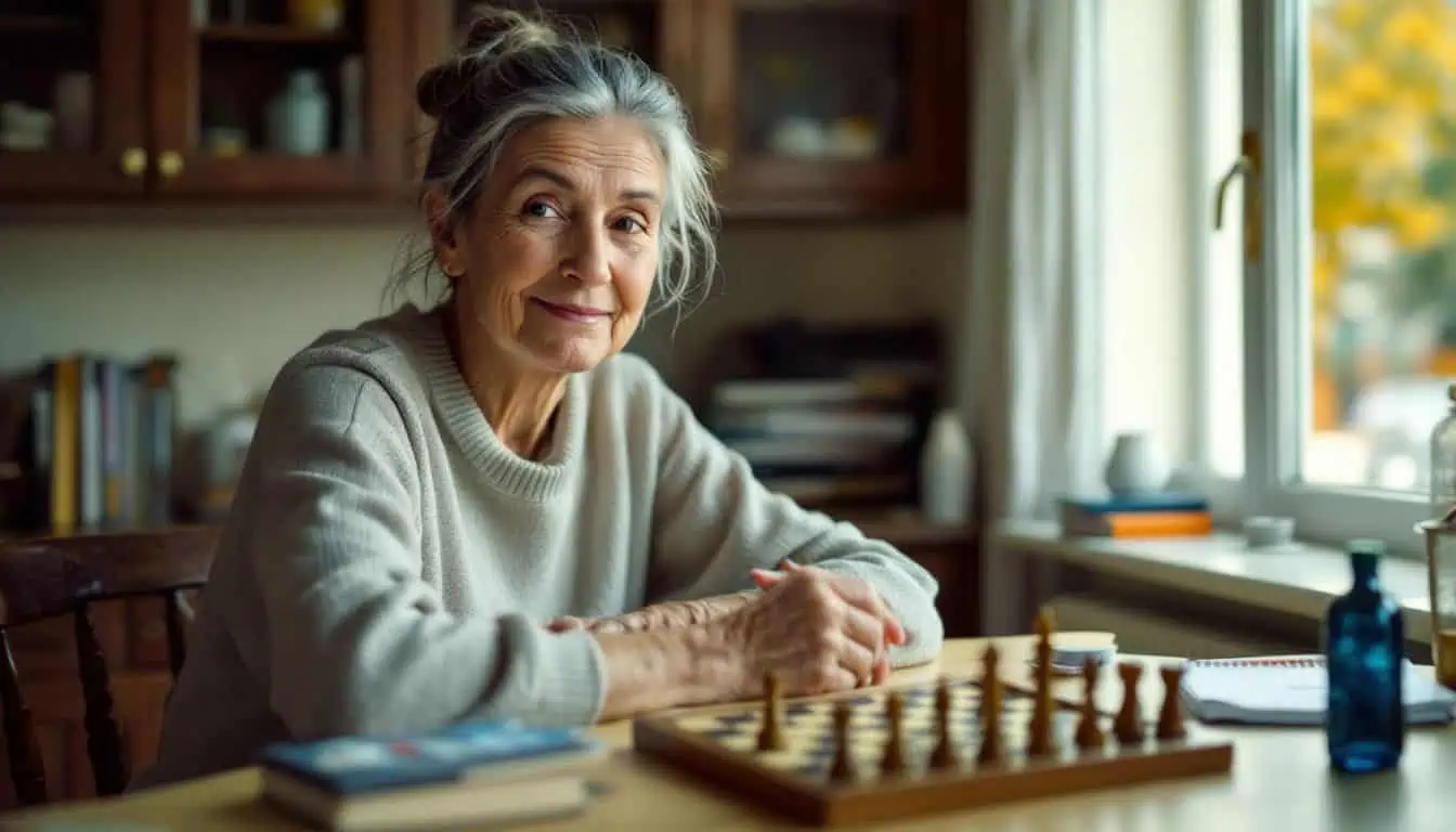 An elderly woman sitting at a wooden table with books, puzzles, and a chessboard. An elderly woman sitting at a wooden table with books, puzzles, and a chessboard.