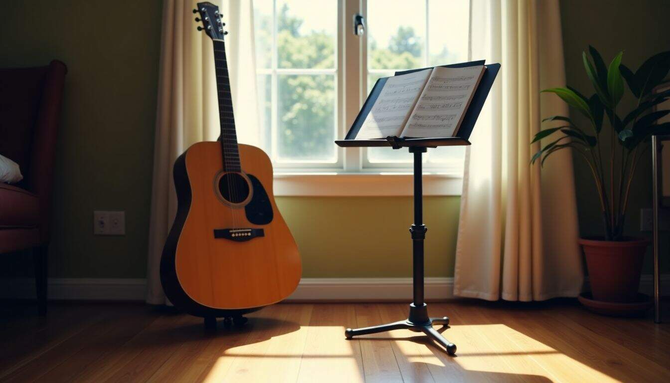An acoustic guitar and sheet music stand are positioned near an open window in a relaxed setting. An acoustic guitar and sheet music stand are positioned near an open window in a relaxed setting.