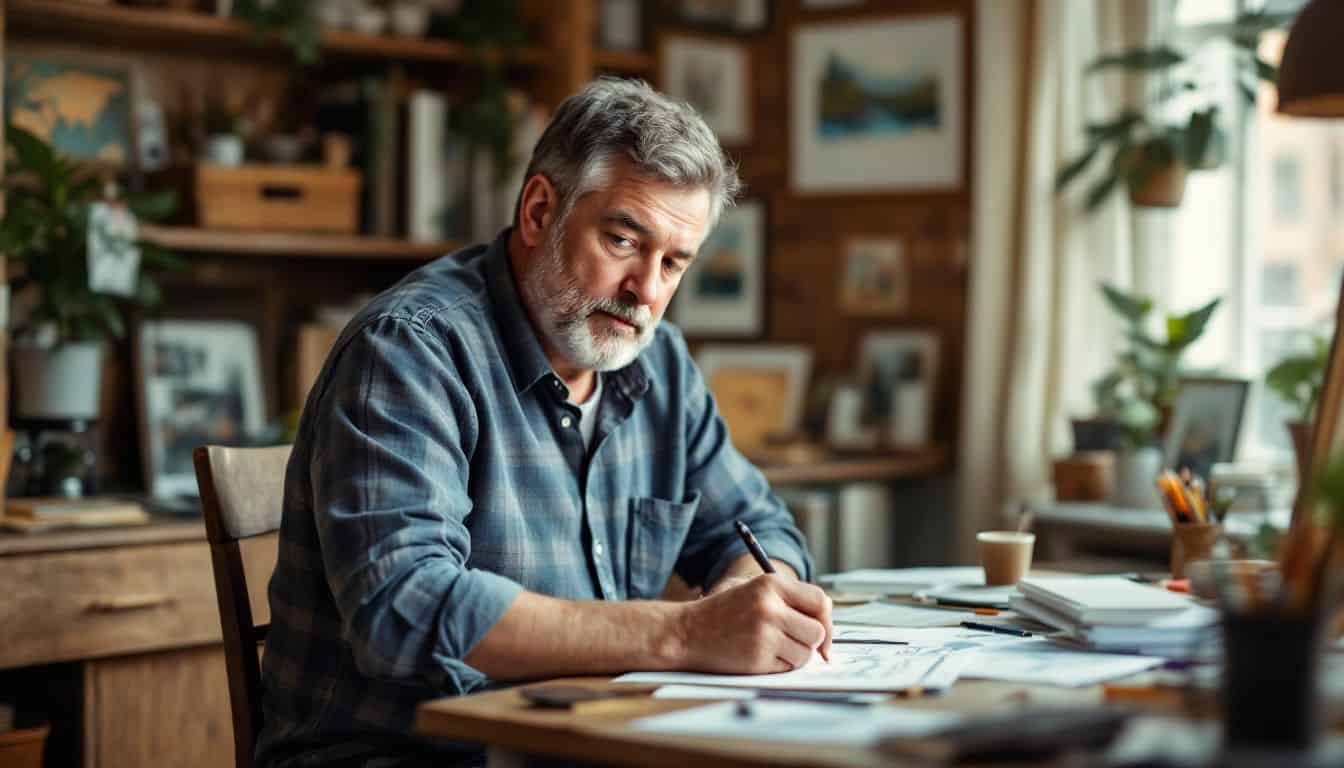 A middle-aged man sketching in a cluttered home office with art supplies and a cup of coffee. A middle-aged man sketching in a cluttered home office with art supplies and a cup of coffee.