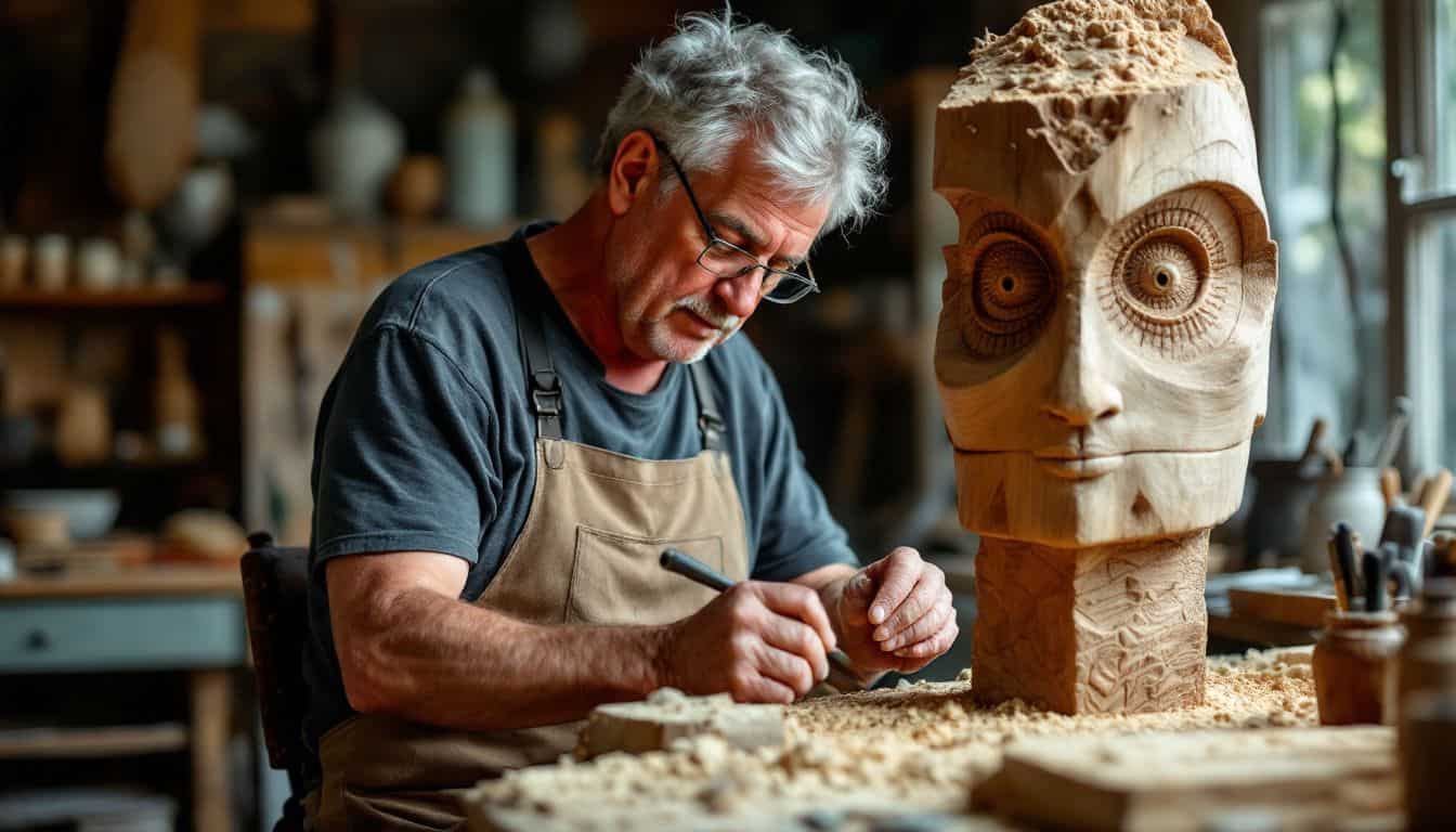 A middle-aged man carves wooden sculpture in cluttered backyard workshop. A middle-aged man carves wooden sculpture in cluttered backyard workshop.