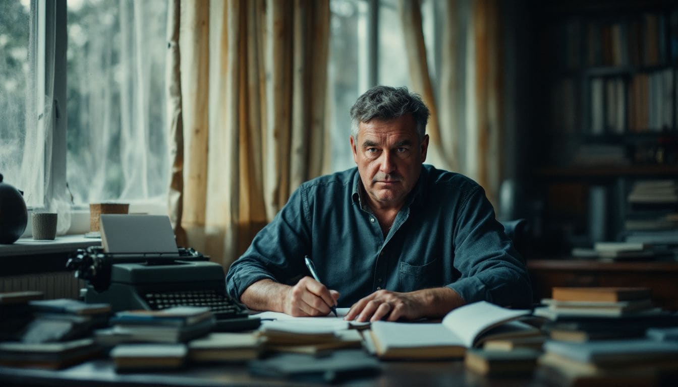 A middle-aged man sits at a cluttered desk, writing in a journal in a cozy room. A middle-aged man sits at a cluttered desk, writing in a journal in a cozy room.