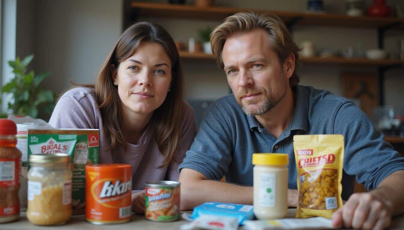 A middle-aged couple is discussing emergency preparedness surrounded by supplies in a casual setting. A middle-aged couple is discussing emergency preparedness surrounded by supplies in a casual setting.