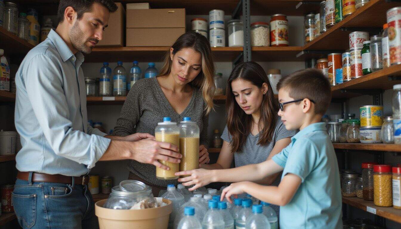 A family organizes their pantry with non-perishable food and water for emergencies. A family organizes their pantry with non-perishable food and water for emergencies.